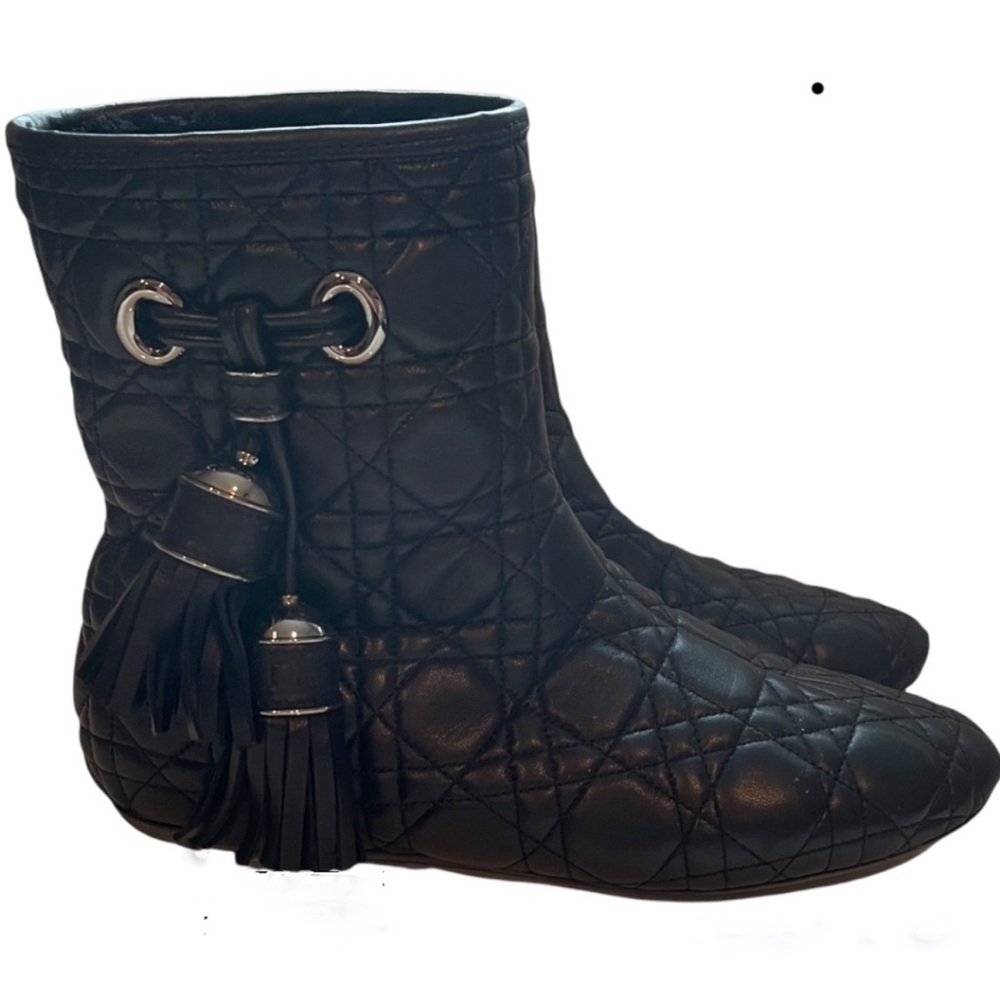 Christian Dior Black Quilted Leather Flat Booties with tassels